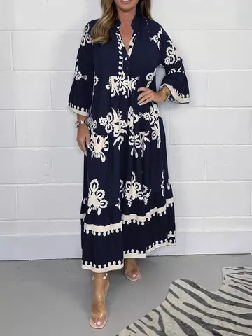 Robe Longue Élégante pour Femme avec Imprimé Floral Col Montant Taille Haute Jupe à Étages Bohémienne Manche Trompette