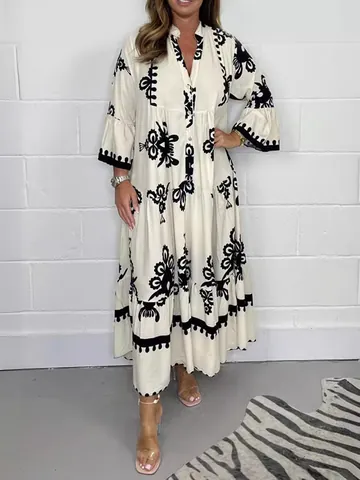 Robe Longue Élégante pour Femme avec Imprimé Floral Col Montant Taille Haute Jupe à Étages Bohémienne Manche Trompette