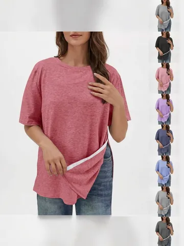 Women's Casual Cotton Blend T-Shirt Round Neck Side Seam Adjustable Buckle Loose Short Sleeve Top Solid Color Soft Tunic