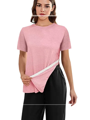 Women's Casual Cotton Blend T-Shirt Round Neck Side Seam Adjustable Buckle Loose Short Sleeve Top Solid Color Soft Tunic