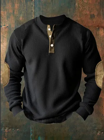 Men's Casual Waffle Knit Henley Top Long Sleeve Sweatshirt With Elbow Patches Solid Color Pullover Top For Business Daily
