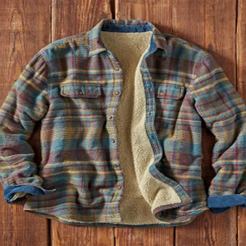 Men Vintage Plaid Flannel Shirt Jacket Sherpa Lined Long Sleeve Button Down Workwear Top Casual Fleece Thick Shacket