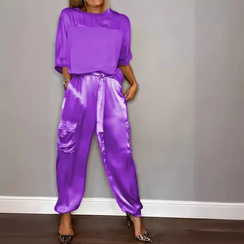 Set Top E Pantaloni in Raso Liscio da Donna Completo Urbano Casual in Poliestere con Pantaloni Cargo per Uso Quotidiano