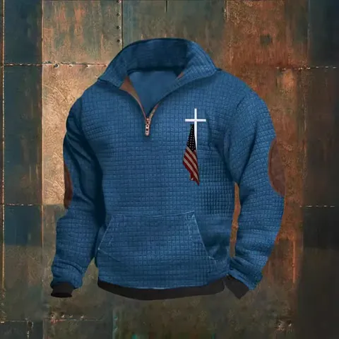 Heren Wafelbrei Sweatshirt Kwart Rits Revers Top Lange Mouw Bedrukte Trui Met Elleboogstukken Casual Ruime Pasvorm Kleding