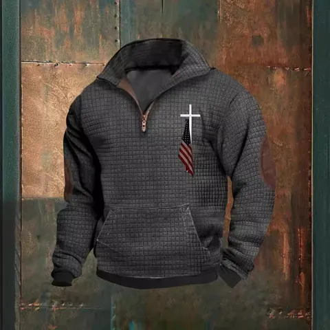 Heren Wafelbrei Sweatshirt Kwart Rits Revers Top Lange Mouw Bedrukte Trui Met Elleboogstukken Casual Ruime Pasvorm Kleding