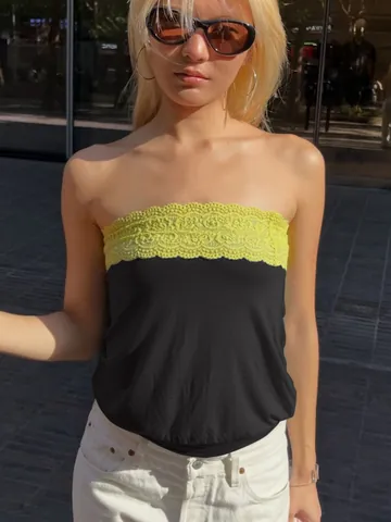 Women Sexy Off-Shoulder Bandeau Crop Top Lace Color Block Patchwork Sleeveless Tank Top For Summer Streetwear Street Style