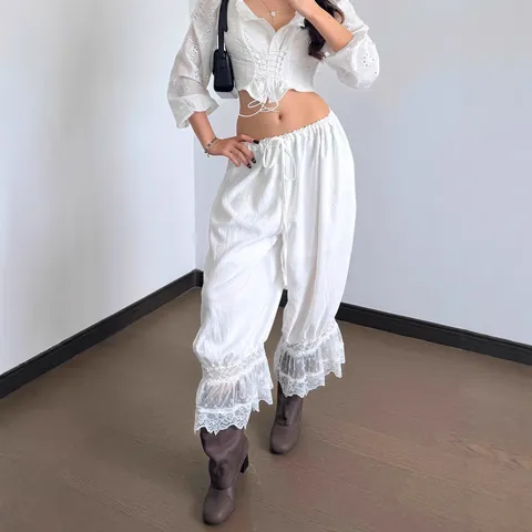 Pantalones Casuales de Mujer Streetwear con Patchwork de Encaje Cintura Baja Blancos Verano Boho Sueltos