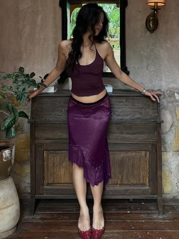Women Sexy Halter Neck Backless Crop Top And Asymmetrical Lace Patchwork Skirt Holiday Outfits Summer Skirt Top And Bottom