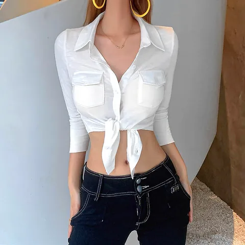 Women's Preppy Style Cropped Tie-Front Shirt Lapel Long Sleeve Single-Breasted Slim Fit Polyester Sweet White Blouse Top