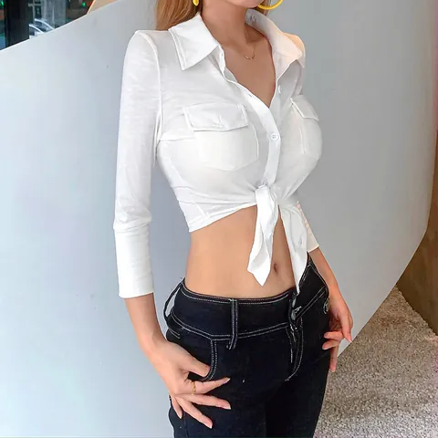 Women's Preppy Style Cropped Tie-Front Shirt Lapel Long Sleeve Single-Breasted Slim Fit Polyester Sweet White Blouse Top
