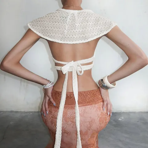 Women Sexy Hollow Out Crochet Crop Top Butterfly Sleeve Lace-Up V-Neck Backless Summer Beach Boho Polyester T-Shirt