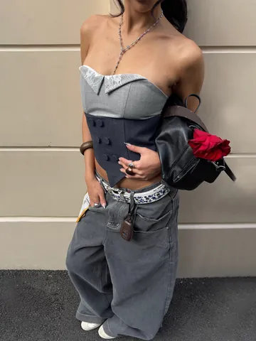 Women's Vintage Color Block Tube Top Irregular Patchwork Lace Camisole Strapless Slim Fit Double Breasted Vest Streetwear Y2K Top
