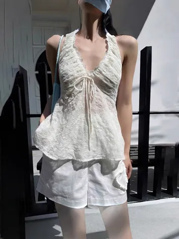 Women Sexy Lace V-Neck Halter Tank Top Embroidered Backless Slim Fit Apricot Sleeveless Tie-Front Summer Vest Top