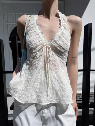 Women Sexy Lace V-Neck Halter Tank Top Embroidered Backless Slim Fit Apricot Sleeveless Tie-Front Summer Vest Top
