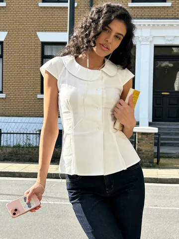 Women's Summer Solid Color Round Neck Top Slim Fit Polyester Flutter Sleeve Button Down Casual Fashion Street T-Shirt