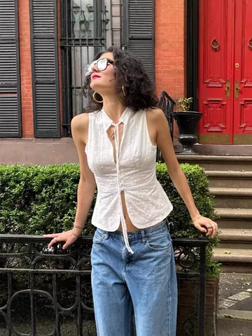 Women Sexy Slim Fit Sleeveless Lace Up Crop Tank Top White Eyelet Embroidery Streetwear Fashion Hollow Out Summer Vest