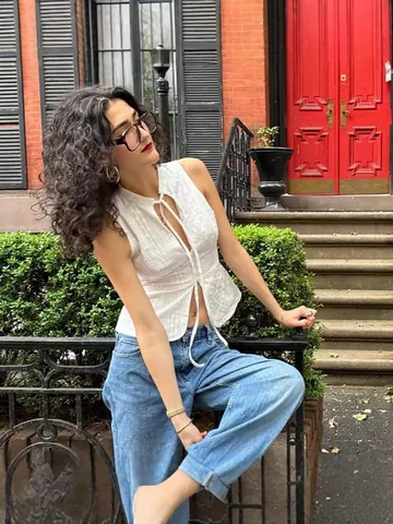 Women Sexy Slim Fit Sleeveless Lace Up Crop Tank Top White Eyelet Embroidery Streetwear Fashion Hollow Out Summer Vest