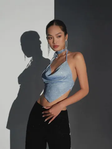 Women's Sexy Halter Neck Cowl Neck Sparkly Sequin Tank Top Summer Backless Slim Fit Blue Short Cropped Clubwear Top