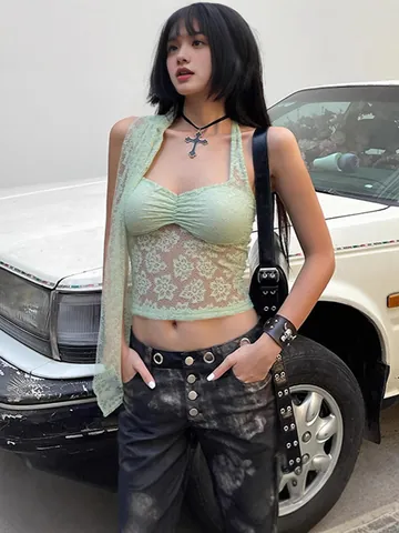 Women Halter Neck Floral Lace Mesh Crop Top Sexy V Neck Sleeveless Summer Vest Top For Women Fashion Printed Strappy Tank Top