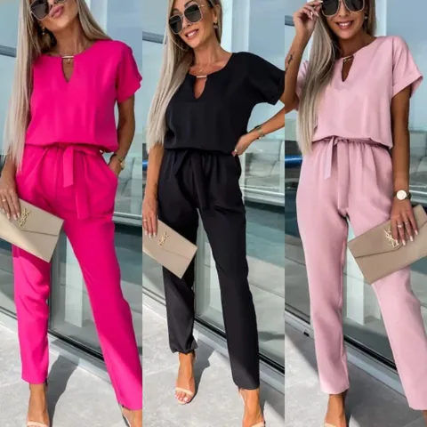 Women V-Neck Short Sleeve Jumpsuit With Copper Tube Decoration Belt Fashion Casual Cropped Pants Solid Color Romper