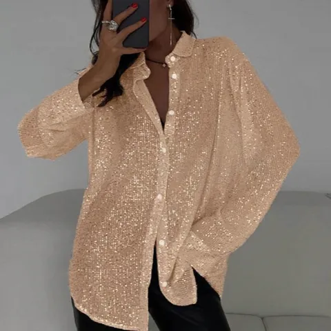 Women Sequin Long Sleeve Shirt Lapel Button Down Top Sparkly Glitter Blouse Casual Streetwear Party Shiny Cardigan Jacket