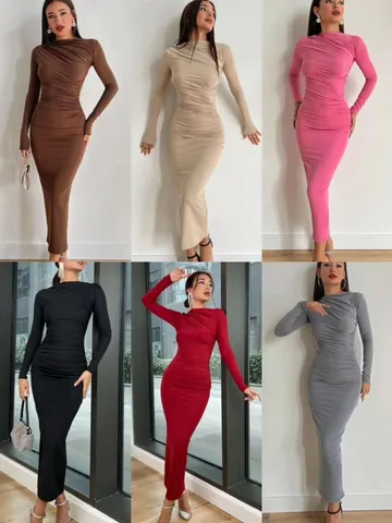 European American Style 2023 Autumn Winter Women Long Sleeve Slim Bodycon Solid Color Ruched Elegant Midi Dress For Party