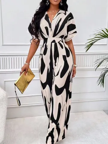 Women Elegant V Neck Abstract Print Batwing Sleeve Wide Leg Jumpsuit High Waist Casual Fashion Long Romper