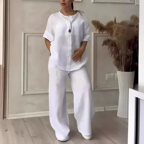 Women Casual Polyester Two Piece Set Top And Bottom Solid V Neck Long Sleeve Loose Wide Leg Pants Plus Size Lounge Suit