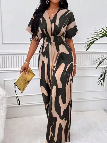 Women Elegant V Neck Abstract Print Batwing Sleeve Wide Leg Jumpsuit High Waist Casual Fashion Long Romper