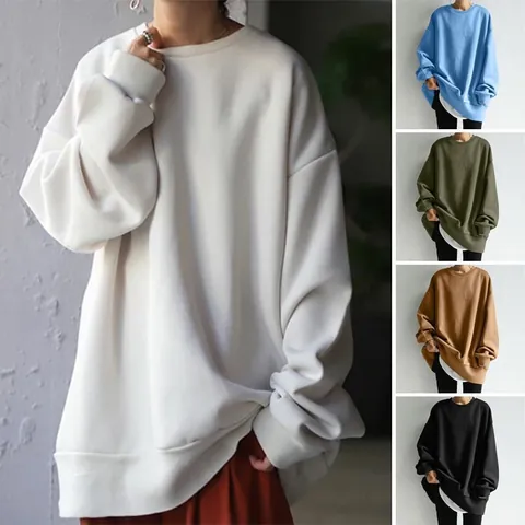 Damen Oversized Baumwollmischung Sweatshirt Koreanischer Stil Rundhalsausschnitt Langarm Mittellanger Pullover Lockeres Einfarbiges Top
