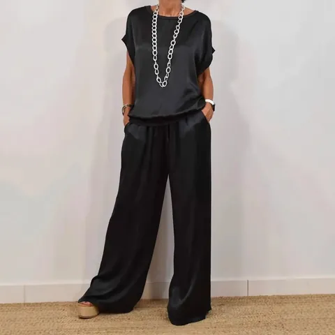 Women Loose Satin Top And Bottom Set Solid Color Half Sleeve Shirt And Wide Leg Pants Casual Lounge Suit For Summer Spring