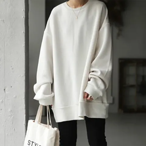 Damen Oversized Baumwollmischung Sweatshirt Koreanischer Stil Rundhalsausschnitt Langarm Mittellanger Pullover Lockeres Einfarbiges Top