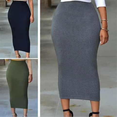 Women Autumn Solid Color Elastic High Waist Bodycon Midi Skirt Knitted Stitching Pencil Skirt Bottom Elegant Slim Fit