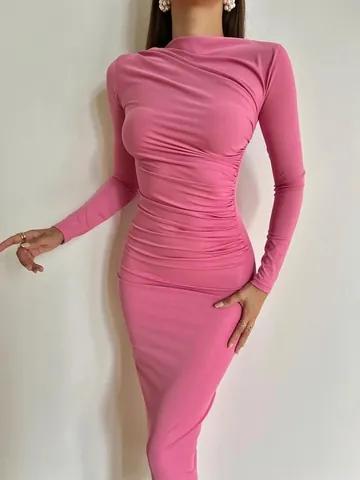 European American Style 2023 Autumn Winter Women Long Sleeve Slim Bodycon Solid Color Ruched Elegant Midi Dress For Party