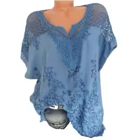 Women V Neck Lace Embroidered Top Short Sleeve Batwing Shirt Cotton Blend Hollow Out Floral Blouse Loose Casual Summer Top