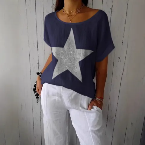 Women's Loose Ramie Cotton T-Shirt Round Neck Short Sleeve Star Print Top With Hot-fix Rhinestone Decoration Summer Casual