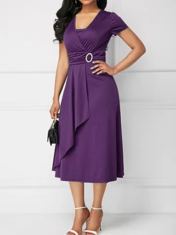 Women Asymmetric Hem V-Neck Dress Elegant Short Sleeve Solid Color Midi Dress Rhinestone Buckle Commuter Fashion Dress