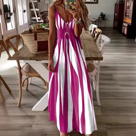 Polyester Women V Neck Spaghetti Strap Maxi Dress Sleeveless Printed A-Line Long Dress Striped Summer Beach Vacation Sundress