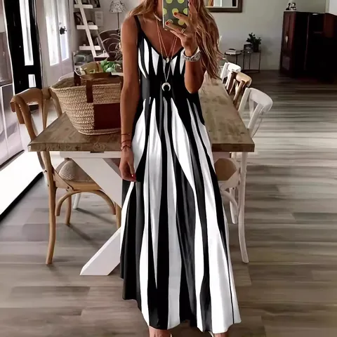 Polyester Women V Neck Spaghetti Strap Maxi Dress Sleeveless Printed A-Line Long Dress Striped Summer Beach Vacation Sundress