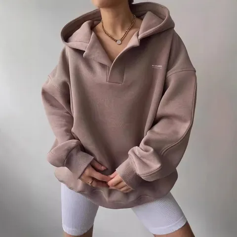 Women American Vintage V-Neck Hooded Sweatshirt Heavyweight Oversized Loose Printed Cotton Blend Hoodie Retro Fall Winter Top