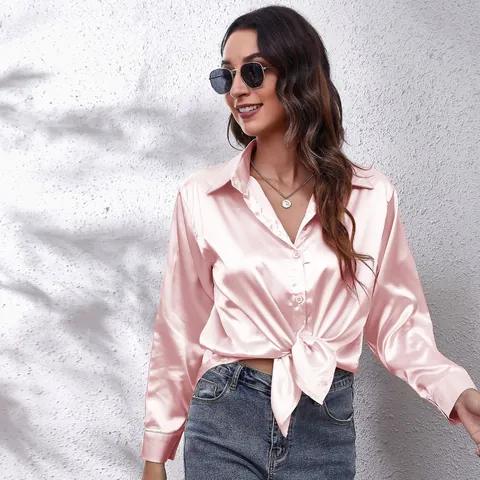 Women Elegant Satin Long Sleeve Shirt Turn-down Collar Office Lady Blouse Loose Fit Solid Color Polyester Top