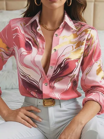 Women 3D Digital Marble Print Satin Shirt Lapel Long Sleeve Top Loose Button Down Blouse Commuter Casual Office Wear