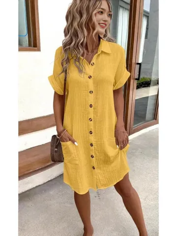 Women Casual Cotton Linen Button Down Dress Short Sleeve Loose Fit Midi Shirt Dress With Pockets Solid Color Summer Vacation Dress