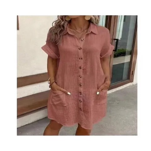 Women Casual Cotton Linen Button Down Dress Short Sleeve Loose Fit Midi Shirt Dress With Pockets Solid Color Summer Vacation Dress