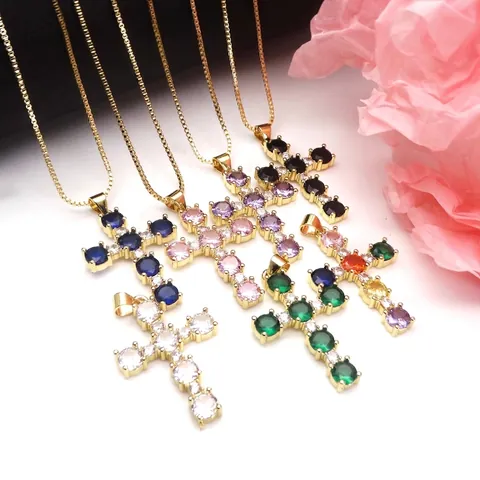Copper Gold Plated Zirconia Cross Pendant Necklace Colorful Zircon Inlaid Adjustable Box Chain Religious Fashion Jewelry For Women Men