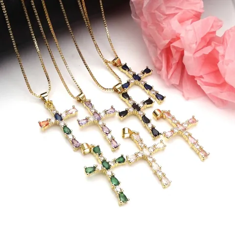 Fashion Women Cross Zirconia Pendant Necklace Colorful Drop Shaped Adjustable Brass Gold Plated Chain Necklace Jewelry Gift