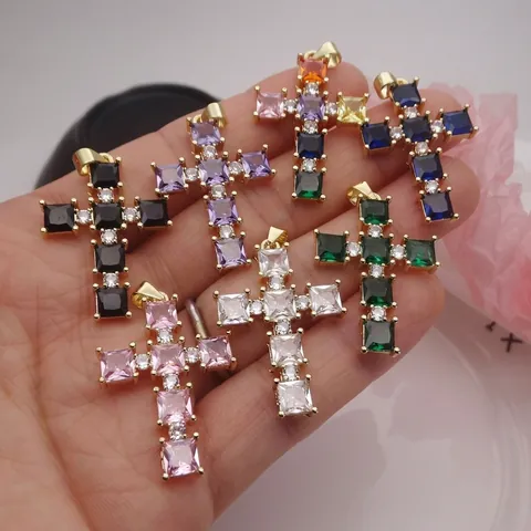 Vintage Copper Gold Plated Zirconia Cross Pendant Necklace For Women Men Individual Fashion Jewelry Gift Religious Adjustable Box Chain Necklace
