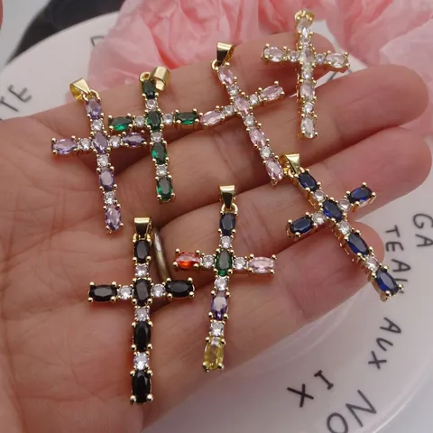 Copper Zirconia Cross Pendant Necklace Gold Plated Colorful Egg Shaped Zirconia Cross Adjustable Box Chain Necklace For Unisex
