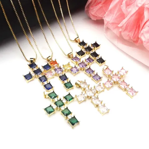 Vintage Copper Gold Plated Zirconia Cross Pendant Necklace For Women Men Individual Fashion Jewelry Gift Religious Adjustable Box Chain Necklace