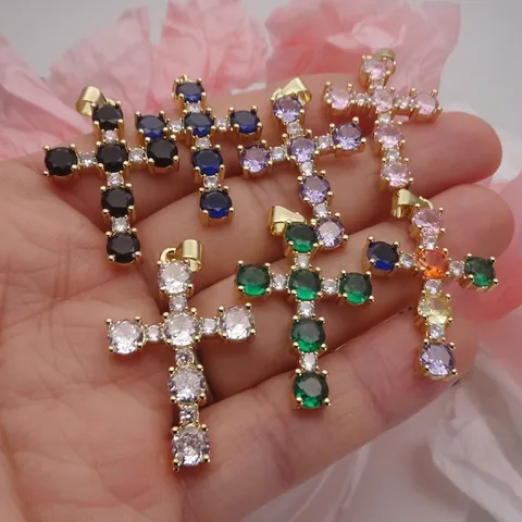 Copper Gold Plated Zirconia Cross Pendant Necklace Colorful Zircon Inlaid Adjustable Box Chain Religious Fashion Jewelry For Women Men
